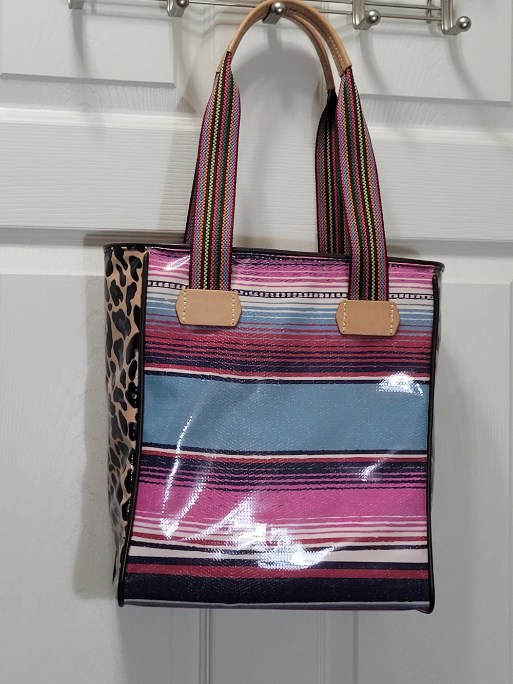 CONSUELA Striped Pink & Blue Tote Bag with Leopard Side Panel
